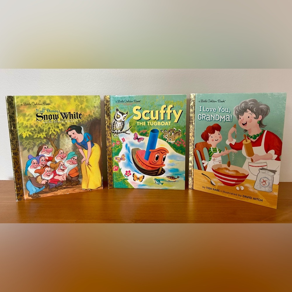 Three Little Golden Books: Snow White, Scuffy the Tugboat, I Love You, Grandma!